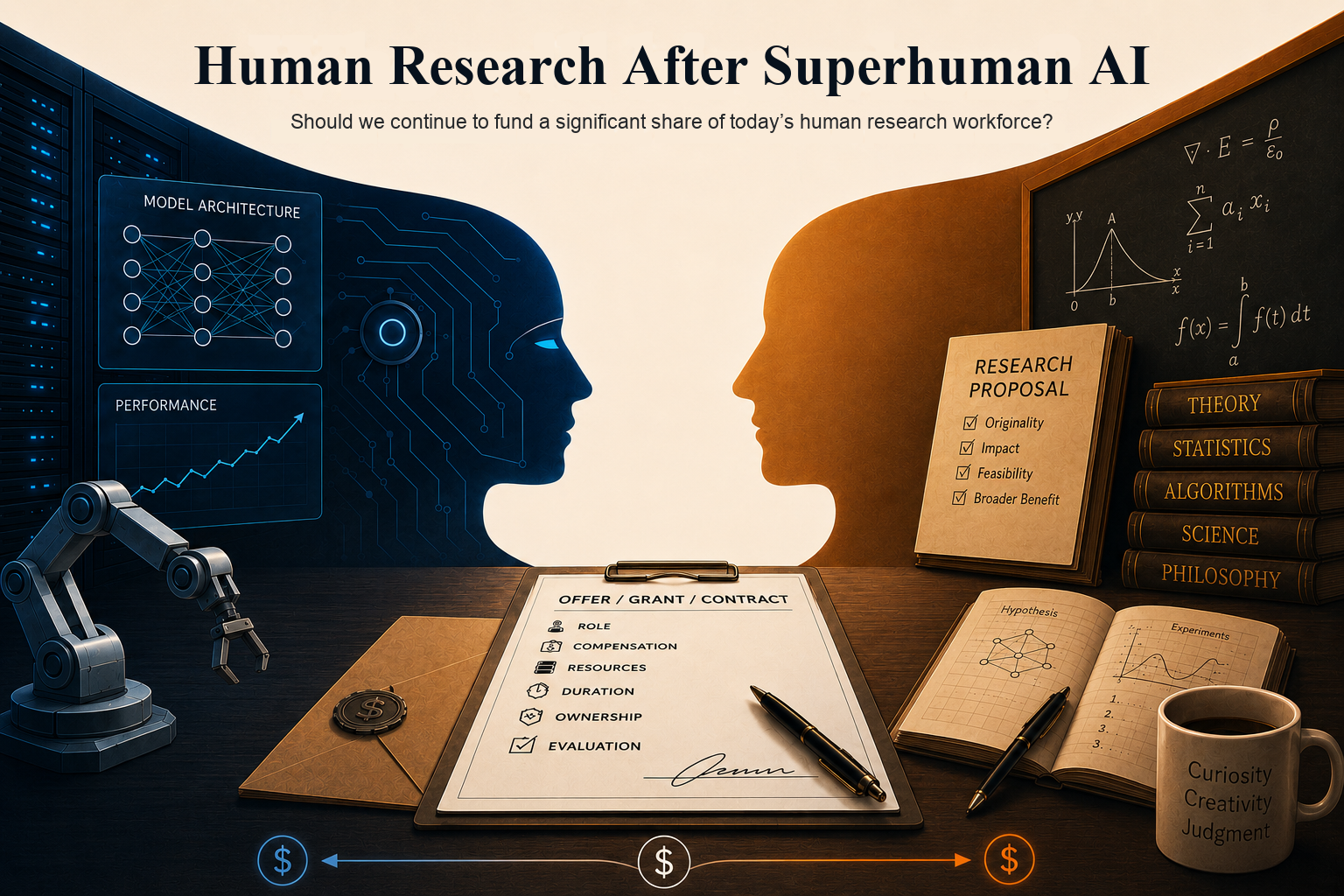 Illustration showing AI and human researchers facing each other across research tools, with the caption Human Research After Superhuman AI.